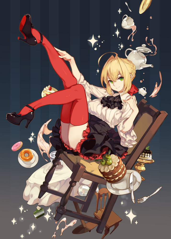 ahoge alternate_costume bangs black_neckwear black_skirt blonde_hair boots bow breasts cake chair commentary_request doughnut eyebrows_visible_through_hair falling fate/extra fate/grand_order fate_(series) food frilled_skirt frills furniture green_eyes hair_intakes hair_ribbon high_heel_boots high_heels large_breasts legs_up nero_claudius_(fate) nero_claudius_(fate)_(all) oneko red_bow red_frills red_legwear ribbon shirt short_hair sidelocks sitting skirt smile solo thighhighs thighs white_shirt zettai_ryouiki