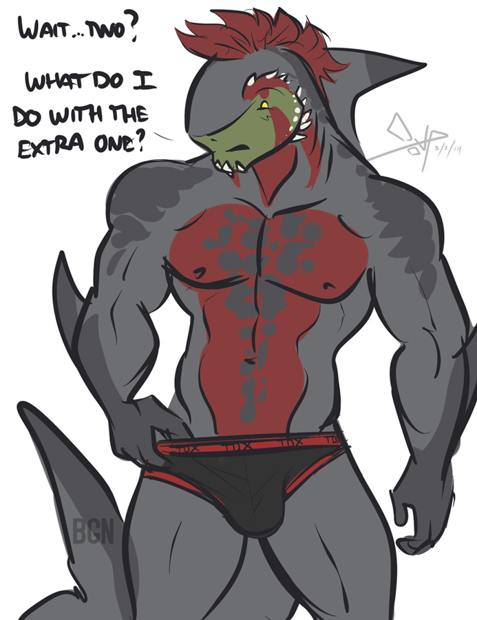 ... 2014 ? alternate_species anthro arm_fin bgn biped black_bottomwear black_clothing black_underwear briefs bulge clothed clothing digital_media_(artwork) english_text fin fish front_view green_skin grey_skin grey_tail hair head_fin male marine multicolored_skin navel nipples red_hair red_skin shark short_hair signature simple_background solo spikes standing tagg taggcrossroad tail_fin text topless underwear watermark white_background yellow_eyes