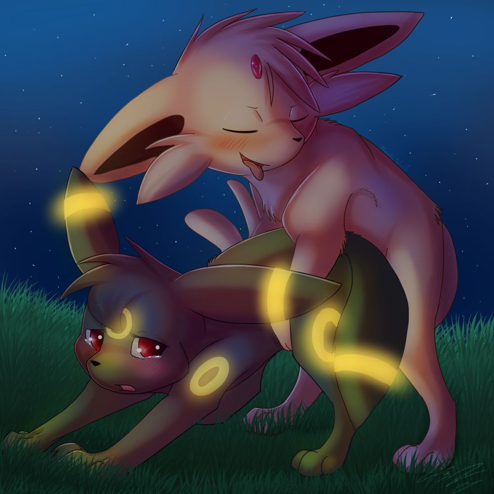 3_toes all_fours bioluminescence black_fur black_nose blush cute droopy_tail eeveelution espeon eyes_closed female forked_tail fur glowing grass looking_back looking_pleasured male male/female naokiwolf night nintendo open_mouth pok&eacute;mon pok&eacute;mon_(species) purple_fur questionable_consent red_eyes star tears toes tongue tongue_out umbreon video_games worried