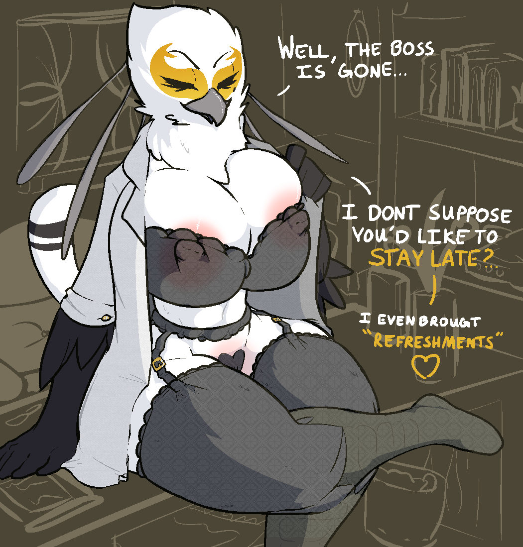 7th-r aggressive_retsuko anthro avian big_breasts breasts chair clothing desk dialogue female legwear lingerie nipples office panties solo stockings teasing tight_clothing underwear washimi