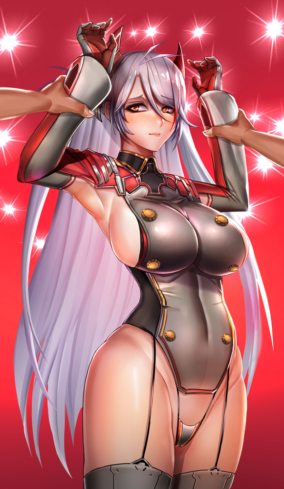 armpits arms_up azur_lane badcompzero blush breasts commentary covered_navel elbow_gloves english_commentary gloves gold_trim hips impossible_clothes large_breasts light_smile long_hair prinz_eugen_(azur_lane) sideboob silver_hair silver_legwear solo_focus standing thighhighs thighs yellow_eyes