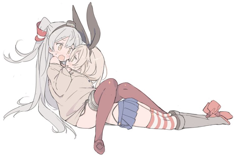amatsukaze_(kantai_collection) bangs black_bow blade_(galaxist) blonde_hair blue_skirt blush boots bow commentary d: eye_contact fang hair_bow hairband highleg highleg_panties kantai_collection long_hair long_sleeves looking_at_another miniskirt multiple_girls open_mouth panties pleated_skirt red_footwear red_legwear shared_clothes shimakaze_(kantai_collection) shoes simple_background skirt striped striped_legwear sweatdrop thighhighs twintails two_side_up underwear very_long_hair white_background yellow_eyes