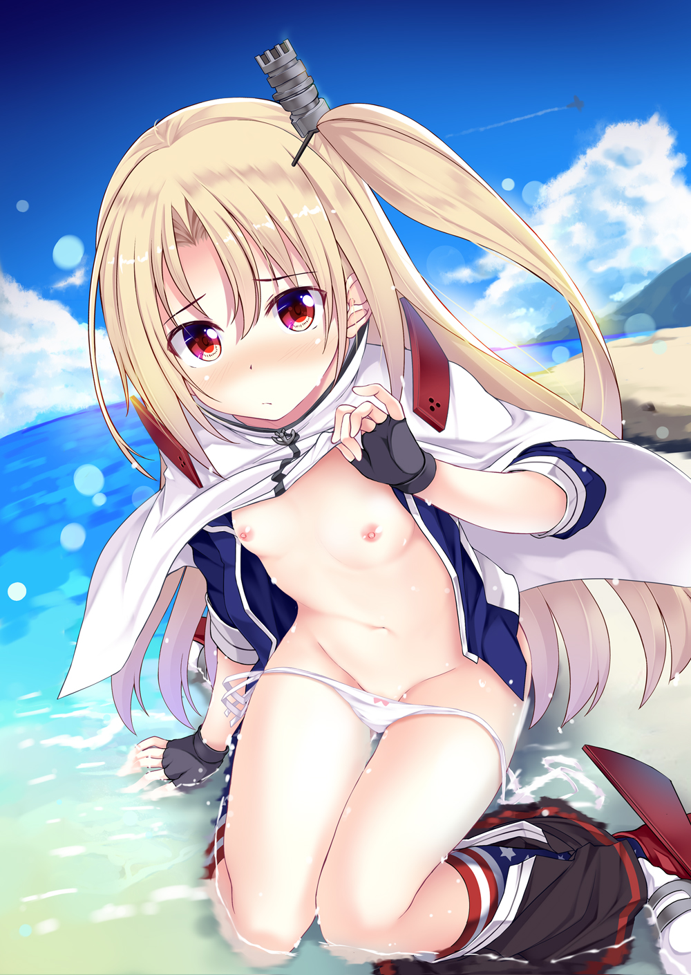 aircraft airplane american_flag_legwear anchor arm_support azur_lane bangs beach black_gloves black_skirt blonde_hair blue_legwear blue_sky blush bow bow_panties breasts capelet cleveland_(azur_lane) closed_mouth cloud commentary_request condensation_trail day eyebrows_visible_through_hair fingerless_gloves fisheye gloves hair_between_eyes hair_ornament hairclip hand_up highres hitsujibane_shinobu horizon jacket kneehighs kneeling lifted_by_self long_hair looking_at_viewer multicolored multicolored_clothes multicolored_legwear navel nipples nose_blush ocean one_side_up open_clothes open_jacket outdoors panties panty_pull parted_bangs pink_bow red_eyes shallow_water side-tie_panties skirt skirt_around_one_leg sky sleeves_past_elbows small_breasts solo star star_print thighs underwear very_long_hair water white_capelet white_legwear white_panties