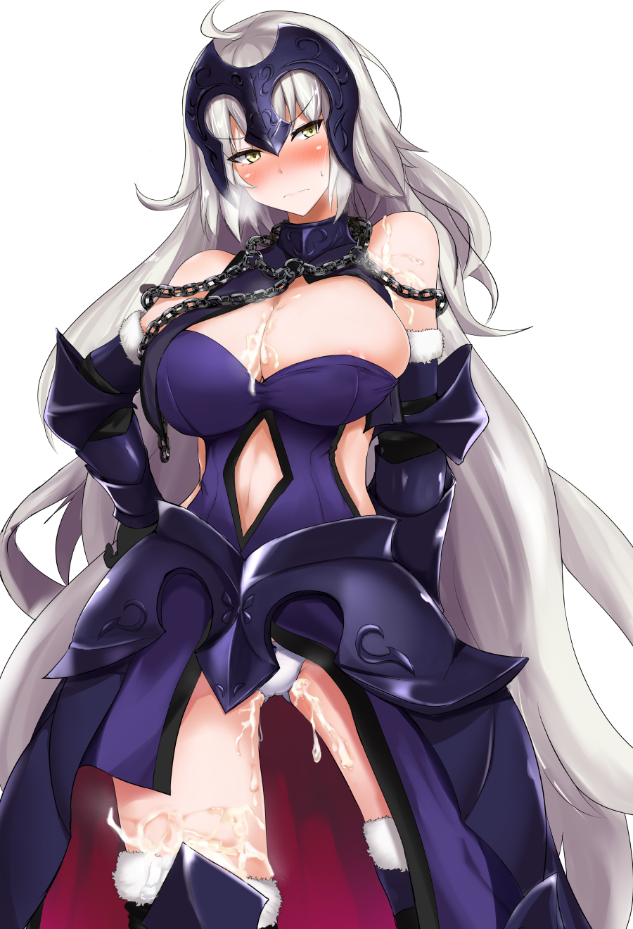 &gt;:( ahoge areola_slip areolae armor armored_dress bangs bare_shoulders black_legwear blush breasts chain cleavage closed_mouth commentary_request cowboy_shot cum cum_on_body cum_on_breasts cum_on_lower_body cum_on_upper_body fate/grand_order fate_(series) frown fur_trim gauntlets headpiece heavy_breathing highres jeanne_d'arc_(alter)_(fate) jeanne_d'arc_(fate)_(all) large_breasts long_hair looking_at_viewer navel panties poshi_(ginmokusei) pussy_juice silver_hair solo thighhighs underwear v-shaped_eyebrows very_long_hair white_panties yellow_eyes