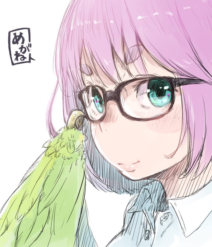adjusting_eyewear black-framed_eyewear blue_eyes blue_shirt blush claws closed_mouth collared_shirt eyebrows_visible_through_hair face feathered_wings glasses green_wings harpy harpy_(nukomasu) looking_at_viewer looking_to_the_side monster_girl nukomasu original pink_hair pink_lips shirt short_eyebrows short_hair simple_background smile solo translated white_background wing_collar wings