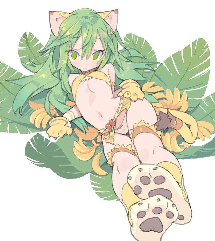 animal_ears banana bangs belt blade_(galaxist) bow bow_panties bra breasts cham_cham eyebrows_visible_through_hair food fruit gloves green_eyes green_hair hair_between_eyes leaf long_hair looking_at_viewer navel panties parted_lips paw_boots paw_gloves paws reclining samurai_spirits small_breasts snk solo tail underwear white_panties yellow_bra