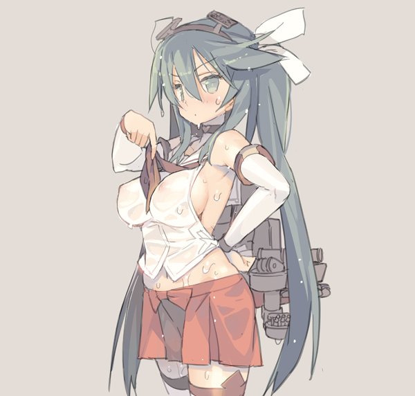 bare_shoulders blade_(galaxist) bow breasts brown_neckwear covered_nipples cowboy_shot detached_sleeves eyebrows_visible_through_hair grey_background hair_between_eyes hair_bow hairband isuzu_(kantai_collection) kantai_collection large_breasts legband long_hair looking_at_viewer machinery necktie nipples no_bra pleated_skirt red_skirt shirt sideboob simple_background skirt solo standing sweatdrop twintails very_long_hair wet wet_clothes wet_hair wet_shirt white_bow