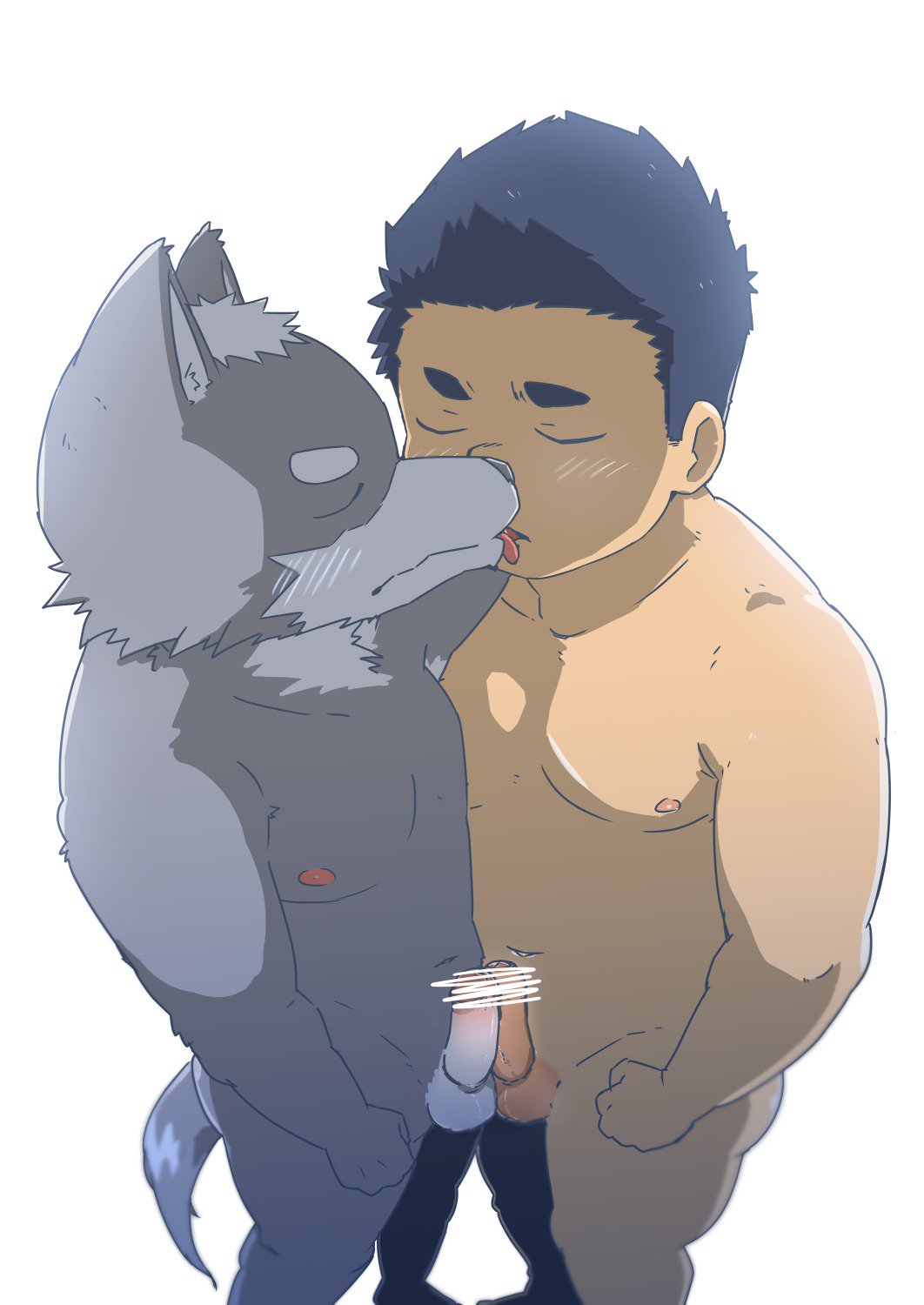 anthro blush canine censored duo frottage fur grey_fur hi_res human human_on_anthro interspecies kissing licking male male/male male_on_anthro mammal nude penis sex shinki_k simple_background tongue tongue_out white_background wolf
