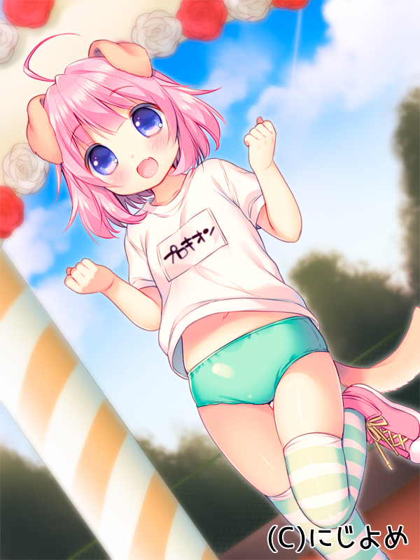 :d animal_ears aqua_buruma blue_sky buruma clenched_hands cloud cloudy_sky day dog_ears dog_girl dog_tail dutch_angle fang gym_shirt gym_uniform hands_up looking_at_viewer midriff_peek name_tag navel official_art open_mouth outdoors pink_footwear pink_hair purple_eyes shirt shoes short_sleeves sky smile sneakers solo standing standing_on_one_leg striped striped_legwear tail thighhighs translated usashiro_mani valhalla_valkyries white_shirt