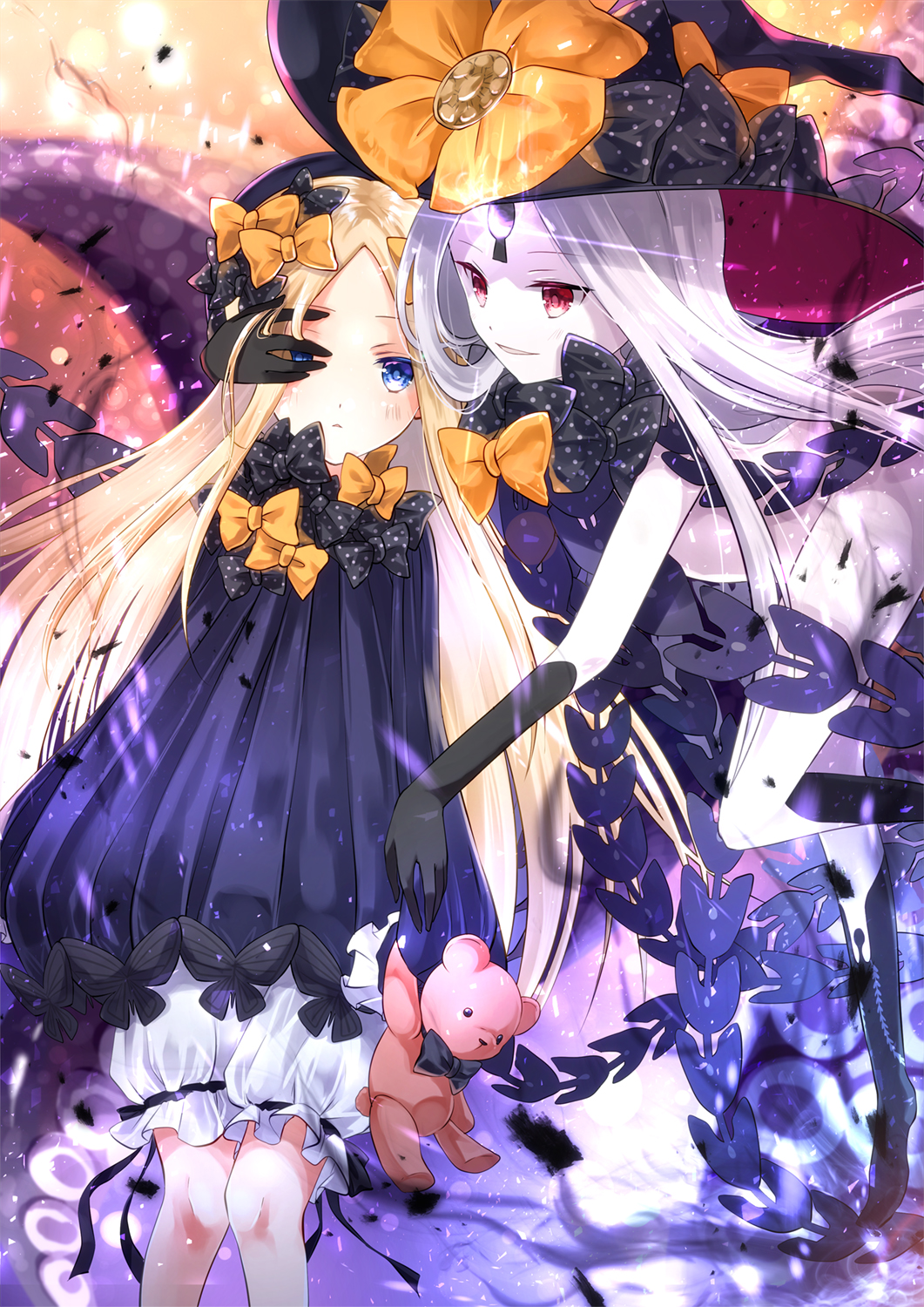 abigail_williams_(fate/grand_order) bangs black_bow black_dress black_gloves black_hat black_legwear black_panties blonde_hair bloomers blue_eyes blush bow bug butterfly commentary_request dress dual_persona elbow_gloves eye_contact fate/grand_order fate_(series) gloves glowing hair_bow hand_on_another's_face hat hat_bow highres holding holding_stuffed_animal insect iroha_(shiki) kneehighs long_hair long_sleeves looking_at_another looking_at_viewer multiple_girls orange_bow pale_skin panties parted_bangs parted_lips polka_dot polka_dot_bow red_eyes revealing_clothes sleeves_past_wrists stuffed_animal stuffed_toy teddy_bear tentacles topless underwear very_long_hair white_bloomers white_hair witch_hat