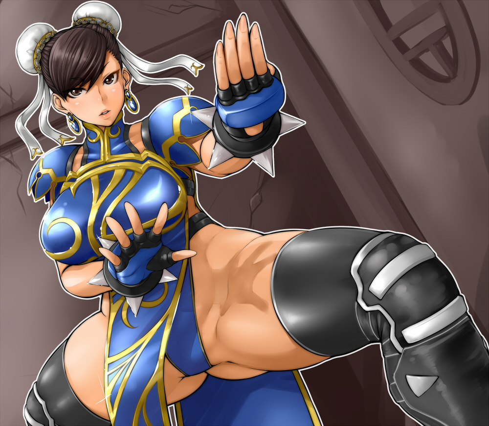 alternate_costume ass_visible_through_thighs black_legwear brown_eyes brown_hair bun_cover chinese_clothes chun-li collar commentary_request double_bun earrings fighting_stance fingerless_gloves gloves highleg jewelry kechin_(oreteki18kin) parted_lips pelvic_curtain shoulder_pads solo spiked_collar spikes street_fighter street_fighter_v thick_thighs thighhighs thighs toned