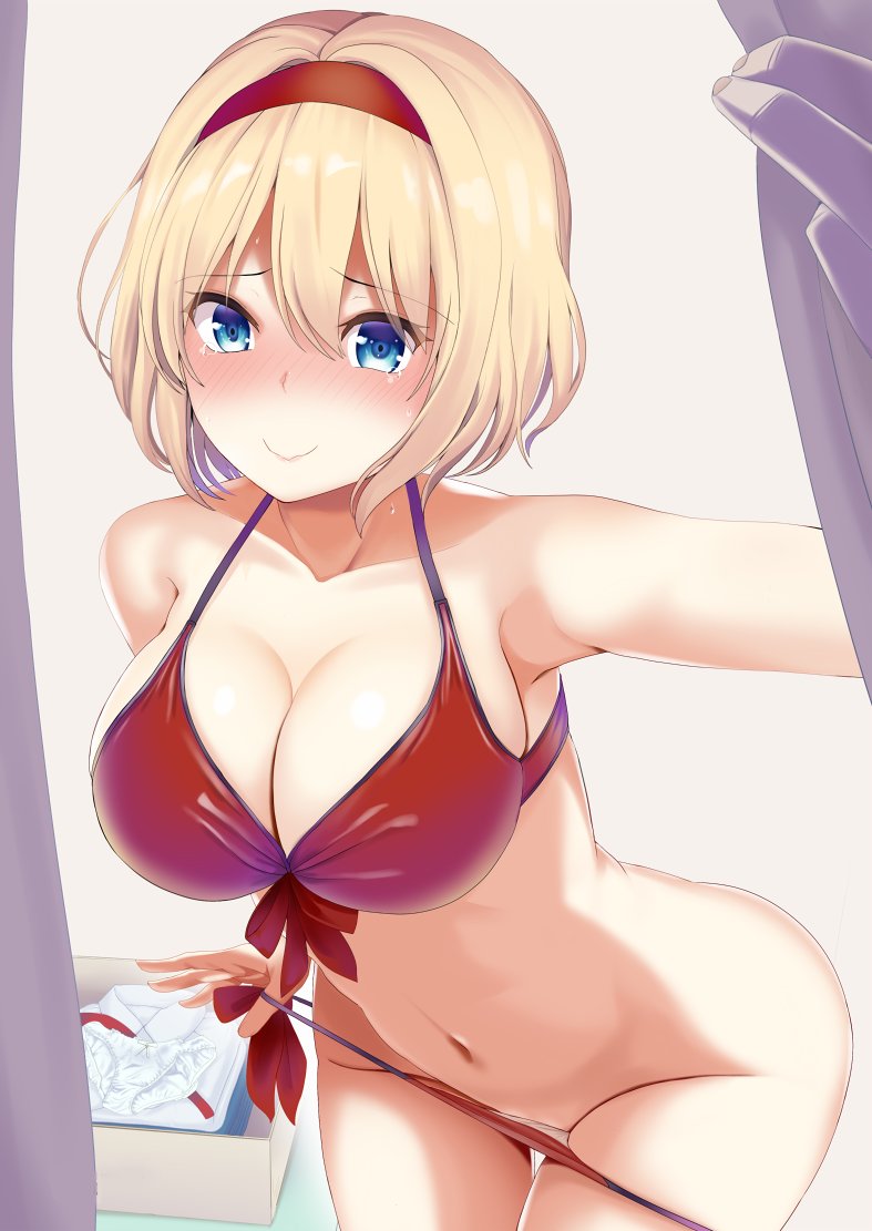 alice_margatroid amisu bare_shoulders bikini bikini_pull blonde_hair blue_eyes blush breasts cleavage collarbone cowboy_shot curtains embarrassed hairband halter_top halterneck indoors large_breasts leaning_forward looking_at_viewer navel panties pulled_by_self red_bikini red_hairband smile solo swimsuit tears thigh_gap thighs touhou underwear white_panties