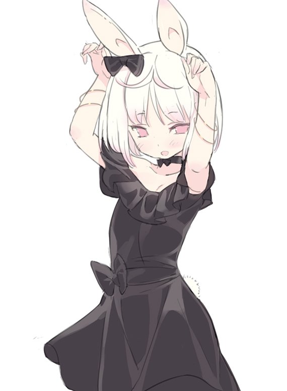 :d animal_ears arms_up black_bow black_dress blade_(galaxist) blush bow bracelet bunny_ears bunny_pose bunny_tail commentary_request cowboy_shot dot_nose dress eyebrows_visible_through_hair hair_bow jewelry looking_at_viewer open_mouth pink_eyes pop-up_story ruri_ookami sash short_hair simple_background smile solo tail white_background white_hair