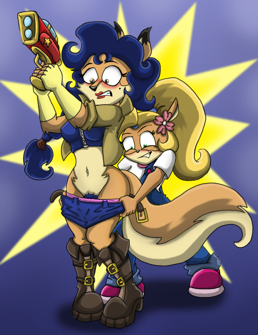 2017 anthro assertive assisted_exposure bandicoot blonde_hair blue_hair blush boots brown_eyes canine carmelita_fox clothing coco_bandicoot crash_bandicoot_(series) crossover duo embarrassed female female/female footwear fox green_eyes gun hair handgun lipstick long_hair makeup mammal marsupial naughty_face navel pantsing ponytail pubes ranged_weapon shinragod sly_cooper_(series) undressing video_games weapon