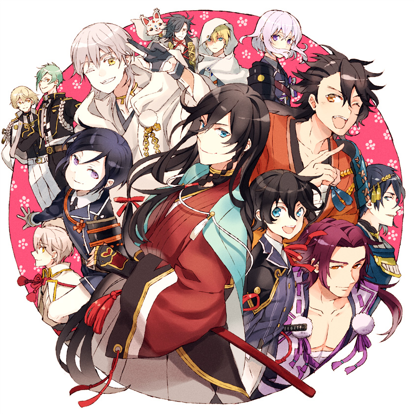 ;d androgynous bad_id bad_pixiv_id black_gloves black_hair blonde_hair blue_eyes braid brown_hair fang fox gloves green_hair grin hakama higekiri_(touken_ranbu) hizamaru_(touken_ranbu) honebami_toushirou horikawa_kunihiro houhou_(black_lack) izumi-no-kami_kanesada japanese_clothes katana katsugeki/touken_ranbu konnosuke male_focus mikazuki_munechika military military_uniform multiple_boys mutsu-no-kami_yoshiyuki necktie one_eye_closed oodenta_mitsuyo open_mouth partly_fingerless_gloves purple_eyes red_hair saniwa_(katsugeki/touken_ranbu) saniwa_(touken_ranbu) sheath sheathed side_braid smile sword tonbokiri_(touken_ranbu) touken_ranbu tsurumaru_kuninaga uniform weapon white_gloves white_hair yagen_toushirou yamanbagiri_kunihiro yellow_eyes