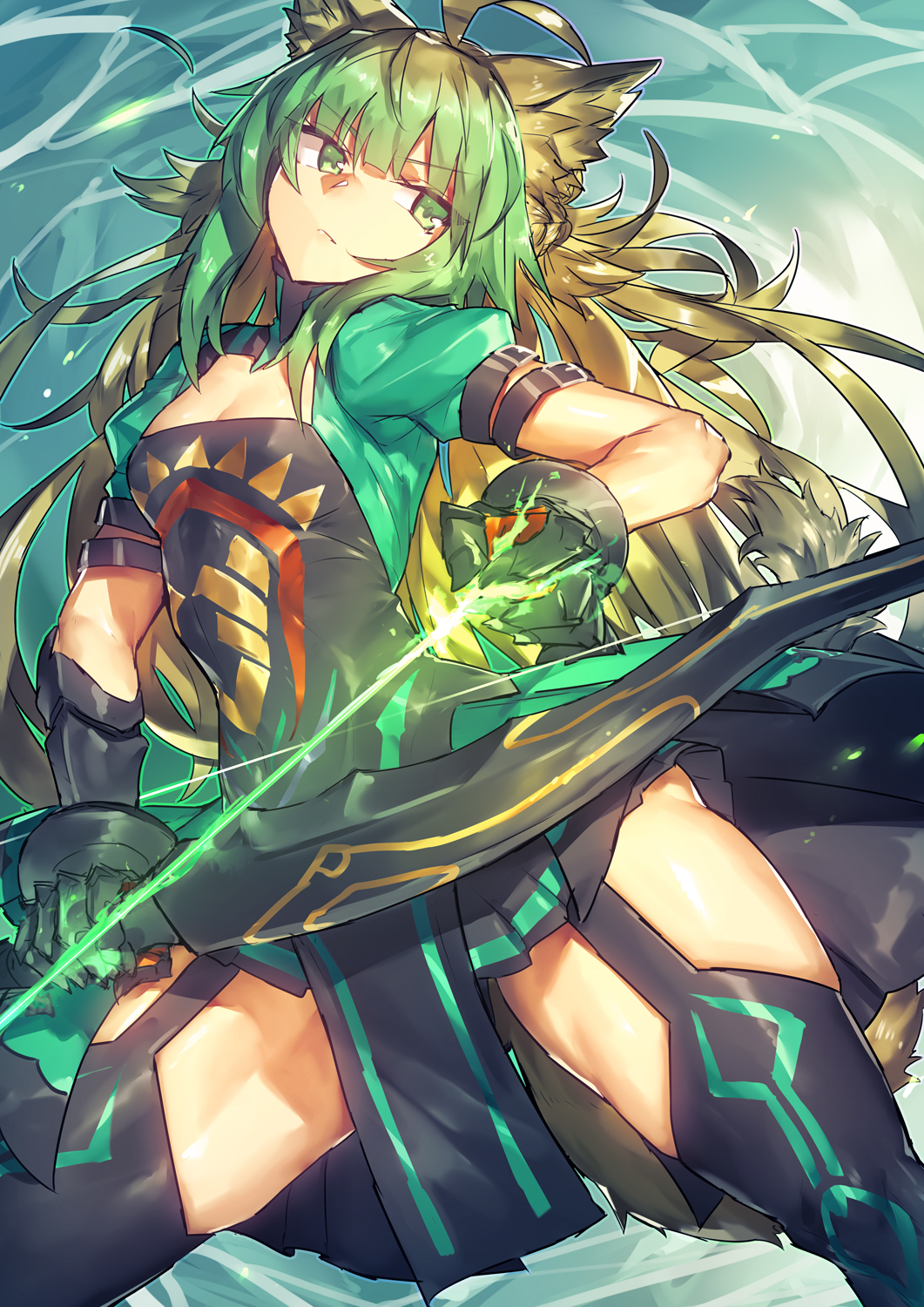 ahoge animal_ears arrow atalanta_(fate) bangs black_gloves blonde_hair blunt_bangs bow_(weapon) breasts cat_ears cleavage cleavage_cutout cowboy_shot dress eyebrows_visible_through_hair fate/apocrypha fate_(series) gloves gradient_hair green_eyes green_hair highres holding holding_bow_(weapon) holding_weapon legs_apart long_hair looking_at_viewer melon22 multicolored_hair pelvic_curtain puffy_short_sleeves puffy_sleeves ready_to_draw short_sleeves small_breasts solo standing thighhighs toned weapon