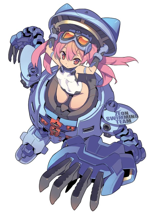 arms_up blade_(galaxist) breasts covered_navel fingerless_gloves from_above gloves goggles goggles_on_head gundam hair_between_eyes kapool leotard long_hair looking_at_viewer looking_up mecha original pink_eyes pink_hair robot simple_background small_breasts solo twintails white_background white_leotard