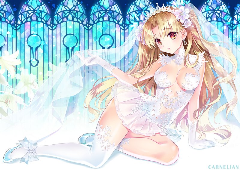 alternate_costume ankle_ribbon arm_support artist_name bangs blonde_hair blue_footwear blush breasts bridal_veil carnelian cleavage cleavage_cutout dress earrings elbow_gloves ereshkigal_(fate/grand_order) eyebrows_visible_through_hair fate/grand_order fate_(series) flower full_body gloves groin hair_flower hair_ornament hand_up jewelry leaning_to_the_side long_hair looking_at_viewer medium_breasts no_panties parted_bangs parted_lips reclining red_eyes ribbon see-through shiny shiny_hair shoes sleeveless sleeveless_dress smile solo thighhighs thighs tiara two_side_up veil very_long_hair white_dress white_gloves white_legwear white_ribbon