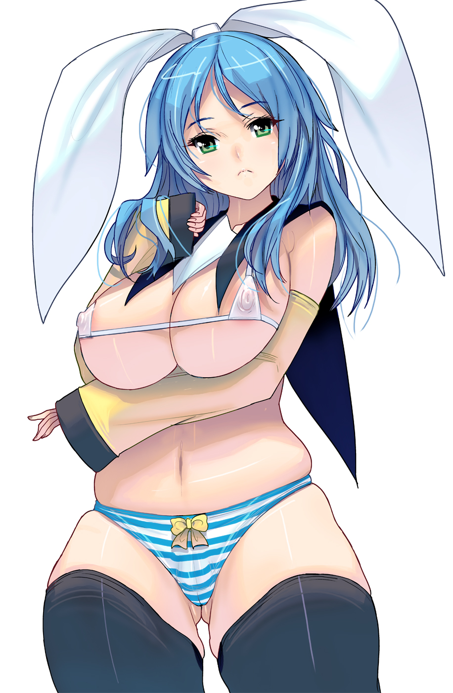 bikini black_legwear blue_hair blush breast_hold breasts covered_nipples detached_sleeves frown green_eyes hair_ribbon highres large_breasts long_hair looking_at_viewer masao original panties plump ribbon see-through simple_background sleeves_past_wrists solo striped striped_panties swimsuit thighhighs underwear white_background white_bikini