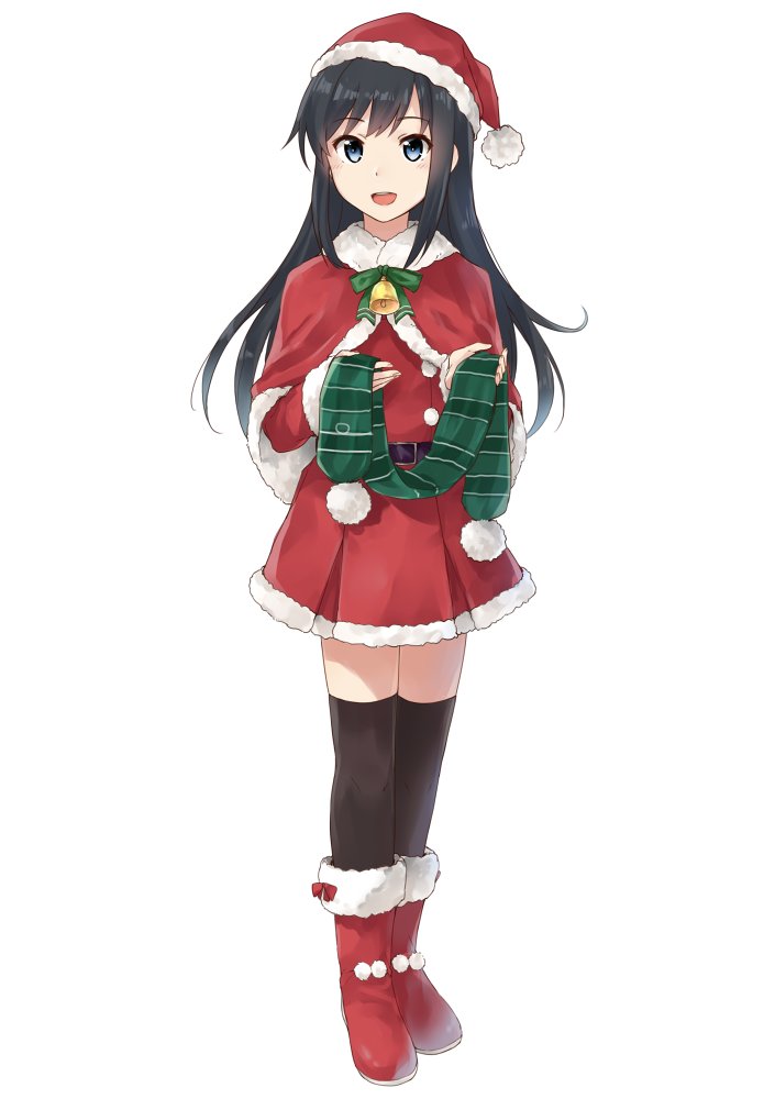 :d alternate_costume asashio_(kantai_collection) bell belt belt_buckle black_hair black_legwear blue_eyes blush bobblehat boots buckle capelet dress eyebrows_visible_through_hair full_body fur-trimmed_boots fur-trimmed_dress fur_trim green_ribbon green_scarf hat holding kantai_collection knee_boots legs_together long_hair long_sleeves open_mouth pom_pom_(clothes) red_dress red_footwear red_hat ribbon santa_costume santa_hat satsumi scarf scarf_removed sidelocks simple_background smile solo standing striped tareme thighhighs white_background zettai_ryouiki
