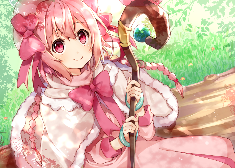 bow bracelet braid hair_bow hat holding holding_staff jewelry lily_(netojuu_no_susume) long_hair looking_at_viewer netojuu_no_susume omuretsu pink_bow pink_eyes pink_hair sitting smile solo staff twin_braids white_hat