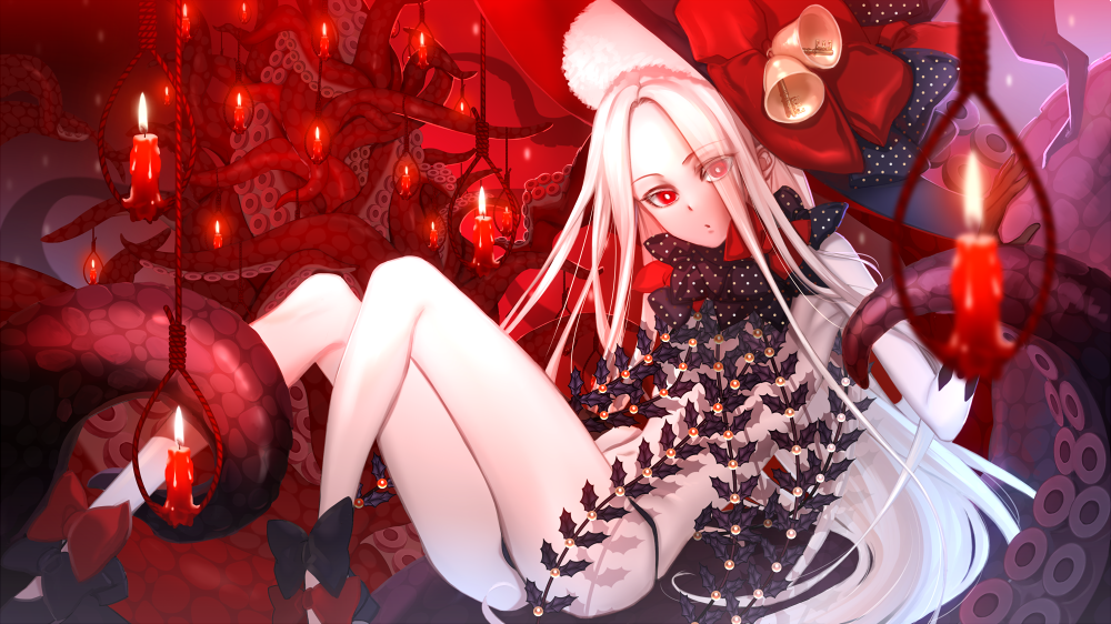 :o abigail_williams_(fate/grand_order) bangs bell black_bow black_footwear black_gloves black_hat black_panties bow candle candlelight commentary_request elbow_gloves eyebrows_visible_through_hair eyes_visible_through_hair fate/grand_order fate_(series) garam gloves hair_over_one_eye hat hat_bow long_hair looking_at_viewer navel noose pale_skin panties parted_bangs parted_lips polka_dot polka_dot_bow red_bow red_eyes revealing_clothes rope shoes solo suction_cups tentacles topless underwear underwear_only very_long_hair white_hair witch_hat