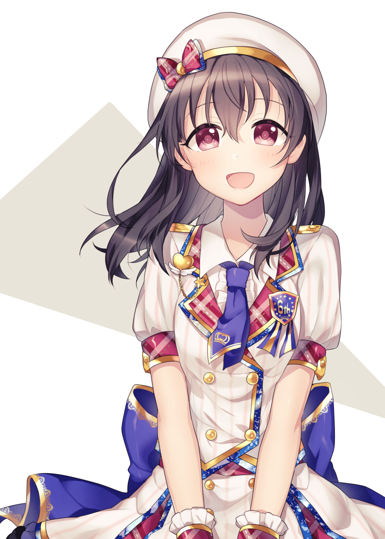 :d badge bangs beret black_hair blouse blue_bow blue_neckwear blush bow brand_new_seasons breasts buttons collared_blouse fujiwara_hajime gloves hair_between_eyes hat hat_bow heart idolmaster idolmaster_cinderella_girls idolmaster_cinderella_girls_starlight_stage jewelry long_hair looking_at_viewer minamiya_mia necktie open_mouth puffy_short_sleeves puffy_sleeves red_bow red_eyes short_sleeves skirt skirt_set small_breasts smile solo striped striped_skirt striped_vest triangle upper_body v_arms vest white_background white_skirt wind