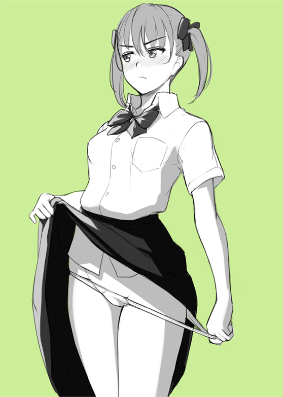 blush bow bowtie breast_pocket closed_mouth collared_shirt cowboy_shot eyebrows_visible_through_hair green_background groin legs_together lifted_by_self looking_away monochrome nanahime original panties panty_pull pinky_out pocket pulled_by_self shirt short_sleeves simple_background sketch skirt skirt_lift solo standing twintails underwear v-shaped_eyebrows wing_collar