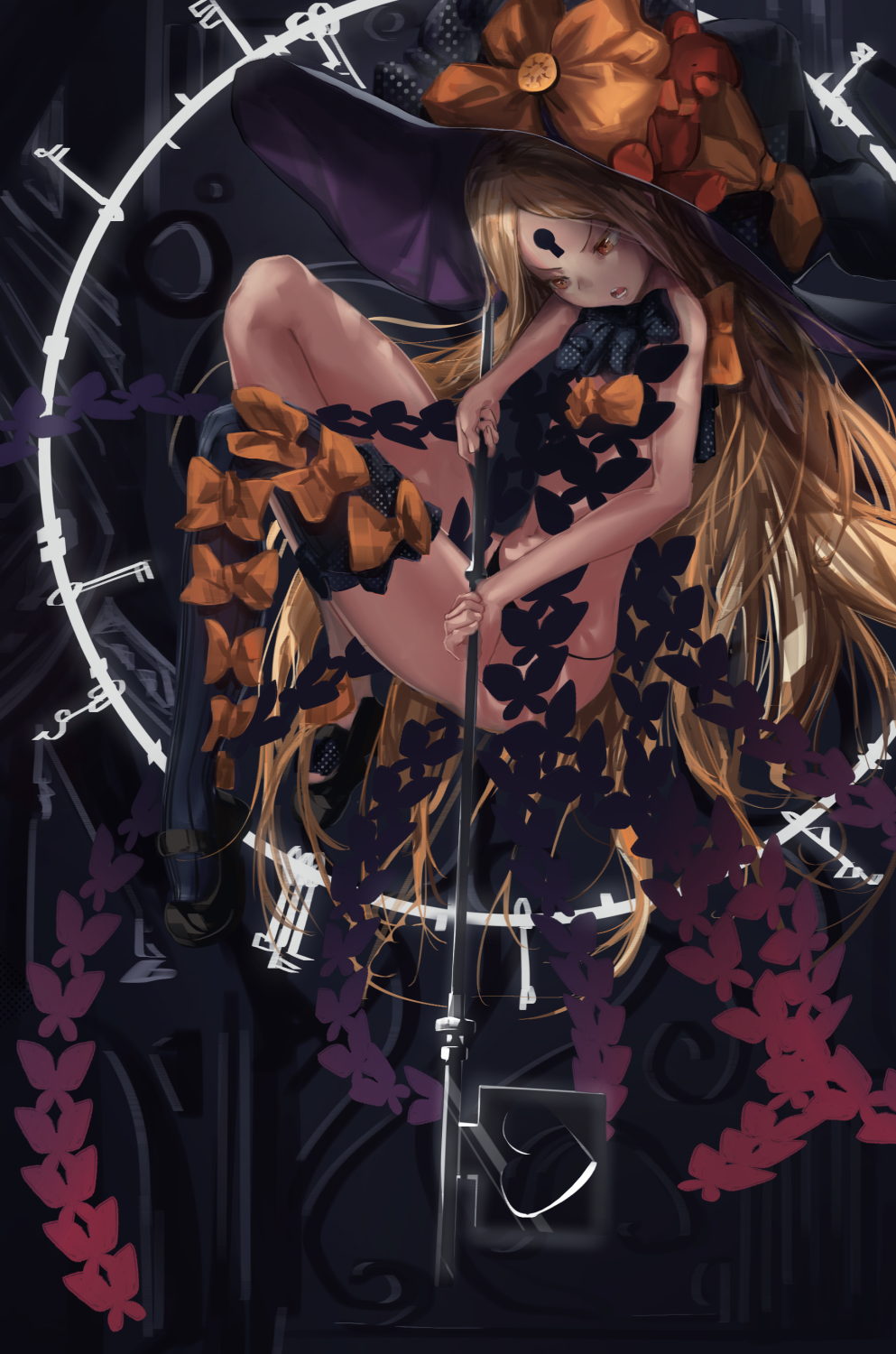 abigail_williams_(fate/grand_order) asymmetrical_legwear bangs black_bow black_footwear black_hat black_legwear black_panties blonde_hair bow brown_eyes commentary_request fate/grand_order fate_(series) hat hat_bow heart highres holding holding_key key keyhole long_hair looking_down mary_janes open_mouth orange_bow oversized_object panties parted_bangs revealing_clothes sebun0217 shoes single_thighhigh solo thighhighs topless underwear very_long_hair witch_hat