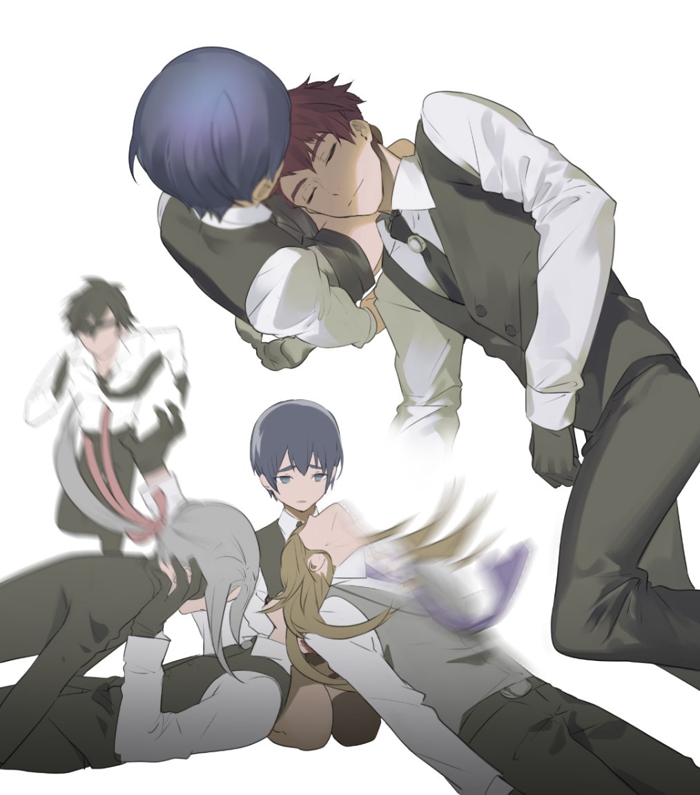 apron azuki_nagamitsu_(touken_ranbu) black_hair black_neckwear blue_hair brown_hair commentary_request daihannya_nagamitsu_(touken_ranbu) dress_shirt falling gloves kenshin_kagemitsu kouryuu_kagemitsu lap_pillow looking_down male_focus motion_blur multiple_boys multiple_views necktie red_hair running seiza shirt shokudaikiri_mitsutada shorts silver_hair sitting socks touken_ranbu tuke_omio waistcoat white_background