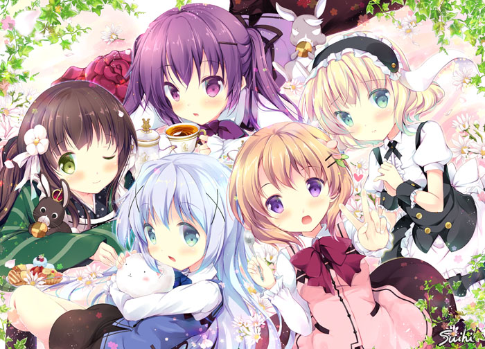 :d :o ;) ama_usa_an_uniform angora_rabbit animal animal_ears anko_(gochiusa) apron aqua_eyes artist_name bangs banned_artist black_skirt blonde_hair blue_eyes blue_neckwear blue_vest blunt_bangs blush bow bowtie breasts brown_hair bunny bunny_ears buttons center_frills closed_mouth collared_shirt commentary_request cookie crown cup eating everyone eyebrows_visible_through_hair fake_animal_ears fleur_de_lapin_uniform floppy_ears flower food frilled_apron frilled_cuffs frilled_shirt frilled_skirt frills gochuumon_wa_usagi_desu_ka? green_eyes green_kimono hair_between_eyes hair_flower hair_ornament hairclip hands_together heart holding holding_animal hoto_cocoa japanese_clothes kafuu_chino kimono kirima_sharo light_blue_hair long_hair long_sleeves looking_at_viewer lying maid_headdress mini_crown multiple_girls official_art on_stomach one_eye_closed open_mouth orange_hair pink_vest plant polka_dot_trim puffy_short_sleeves puffy_sleeves purple_eyes purple_hair purple_neckwear purple_vest rabbit_house_uniform red_neckwear ribbon saucer shirt short_hair short_sleeves sidelocks skirt sleeves_past_wrists small_breasts smile striped striped_kimono suihi tea teacup teapot tedeza_rize tippy_(gochiusa) twintails ujimatsu_chiya underbust v vest vines waist_apron white_apron white_flower white_ribbon white_shirt wide_sleeves wild_geese wing_collar wrist_cuffs x_hair_ornament
