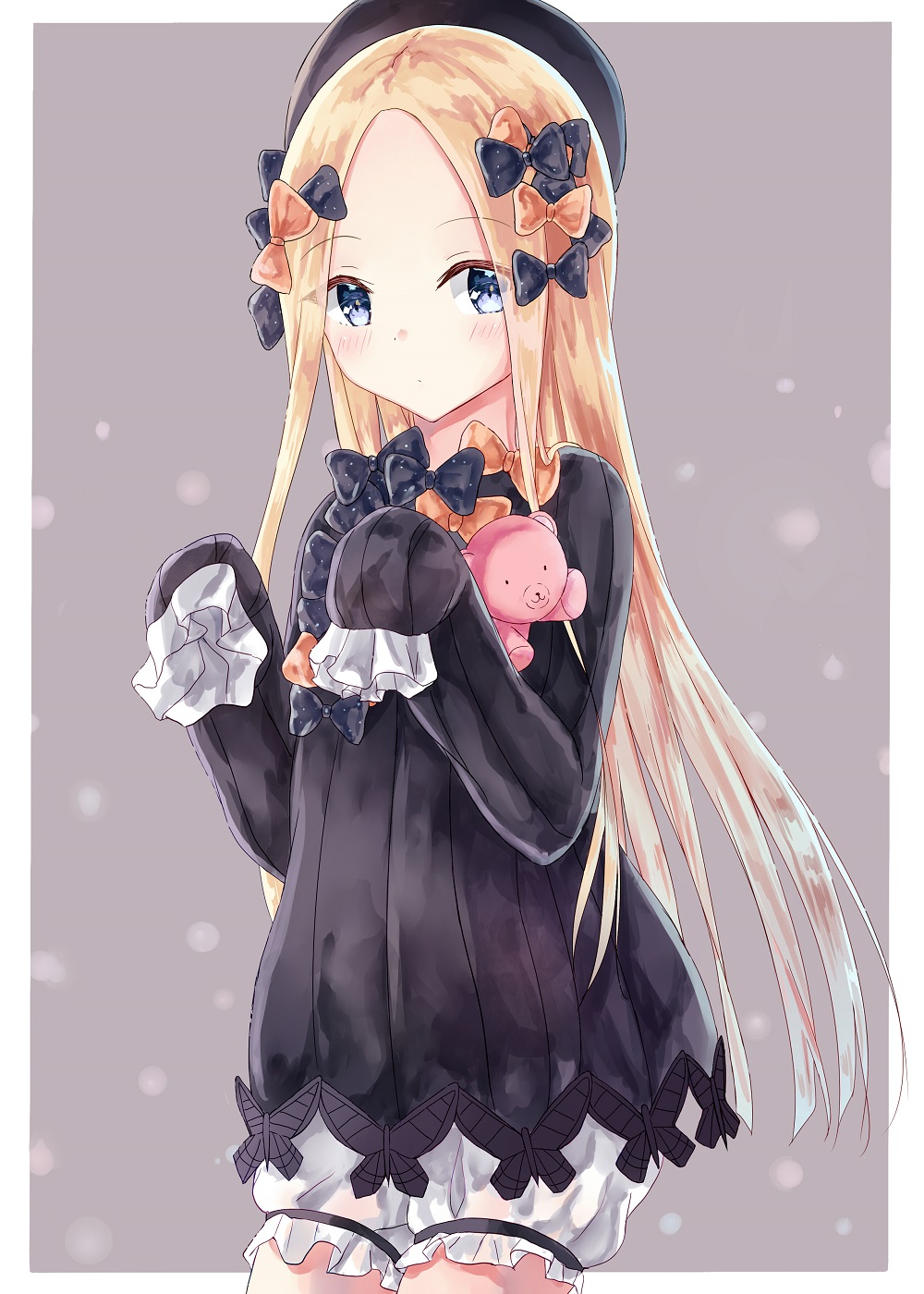 abigail_williams_(fate/grand_order) akaya_(pixiv20545353) bangs black_bow black_dress black_hat blonde_hair bloomers blue_eyes blush border bow bug butterfly closed_mouth commentary_request dress eyebrows_visible_through_hair fate/grand_order fate_(series) forehead hair_bow hat highres insect long_hair long_sleeves looking_at_viewer object_hug orange_bow parted_bangs polka_dot polka_dot_bow sleeves_past_fingers sleeves_past_wrists solo stuffed_animal stuffed_toy teddy_bear underwear very_long_hair white_bloomers white_border