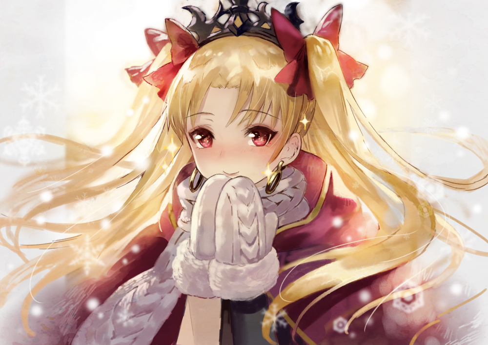 bangs blonde_hair blush bow cape closed_mouth earrings ereshkigal_(fate/grand_order) eyebrows_visible_through_hair fate/grand_order fate_(series) hair_bow jewelry long_hair looking_at_viewer mittens motion_blur nose_blush own_hands_together parted_bangs red_bow red_cape scarf smile snowflakes snowing solo sparkle tareme terai_(teraimorimori) tiara two_side_up upper_body very_long_hair white_scarf