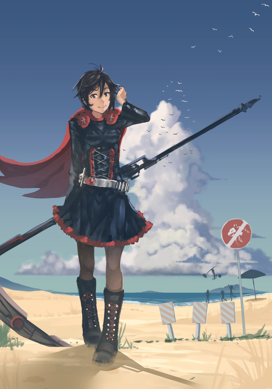 anonamos beach_umbrella bird black_hair blue_skirt boots cape capelet cloud crescent_rose cross-laced_footwear day highres lace-up_boots lolita_fashion no_symbol ocean pantyhose red_cape ruby_rose rwby sand seagull short_hair skirt smile umbrella water