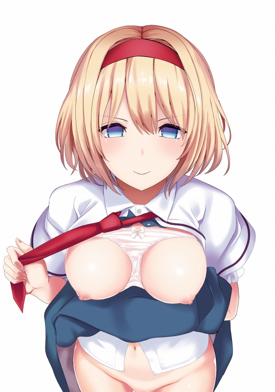 &gt;:) alice_margatroid amisu blank_eyes blonde_hair blue_eyes blush bow bow_panties breasts closed_mouth eyebrows_visible_through_hair frilled_sleeves frills groin hairband lifted_by_self looking_at_viewer looking_back medium_hair medium_skirt navel nipples no_panties open_clothes open_shirt out-of-frame_censoring panties panties_on_breasts red_hairband red_neckwear shiny shiny_skin shirt short_hair short_sleeves simple_background skirt skirt_lift small_breasts smug solo touhou underwear upper_body v-shaped_eyebrows white_background white_bow white_panties white_shirt
