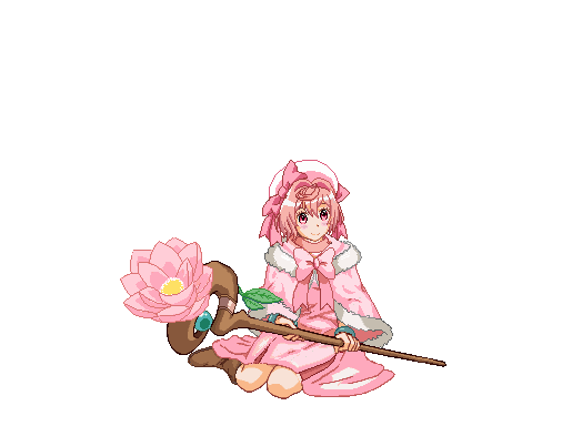 air_(air5308792) bow hat hat_bow hat_ribbon holding holding_staff lily_(netojuu_no_susume) looking_at_viewer netojuu_no_susume pink_eyes pink_hair pixel_art ribbon sitting smile solo staff transparent_background white_hat