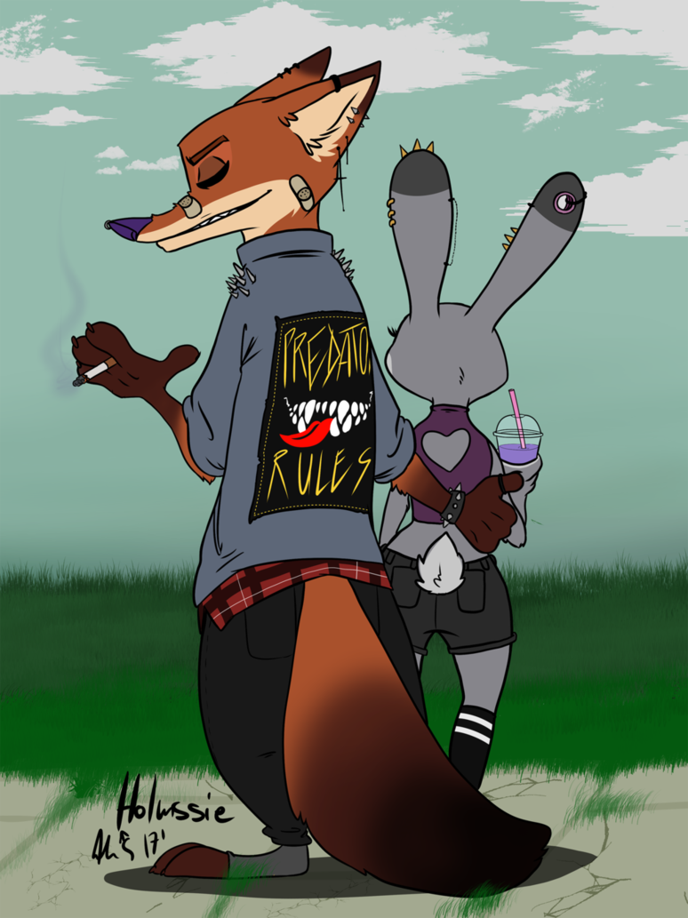 2017 absurd_res anthro band-aid bandage bracelet canine clothed clothing disney duo ear_piercing eyes_closed female fox fur heart_pattern hi_res holmssie jewelry judy_hopps lagomorph male mammal nick_wilde piercing plaid rabbit rear_view shirt smoking smoothie spiked_bracelet spikes tank_top zootopia