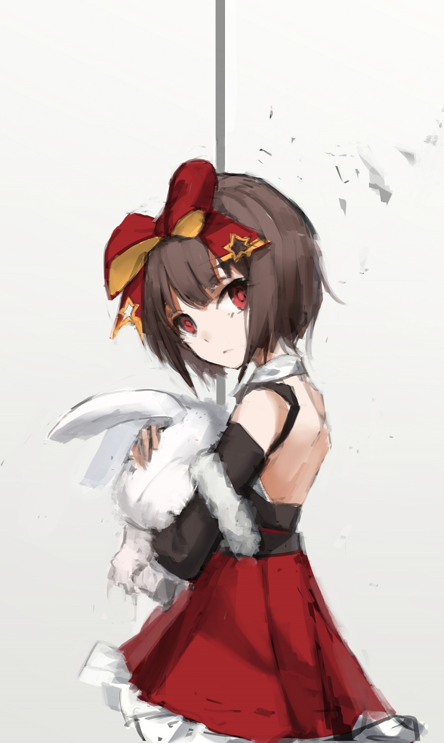 backless_dress backless_outfit bangs belt blunt_bangs bow brown_hair bunny closed_mouth commentary_request detached_sleeves dress expressionless from_side girls_frontline grey_background hair_bow hair_ribbon highres holding holding_stuffed_animal looking_at_viewer m99_(girls_frontline) purple_eyes red_bow ribbon short_hair simple_background skirt solo stuffed_animal stuffed_bunny stuffed_toy unitsu