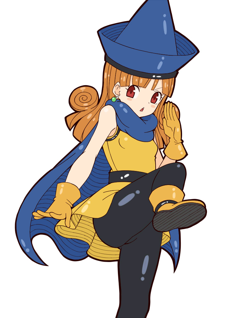 alena_(dq4) ass cape commentary_request curly_hair dragon_quest dragon_quest_iv earrings gloves groin hat jewelry leg_up legs long_hair orange_hair pantyhose solo toshishikisai