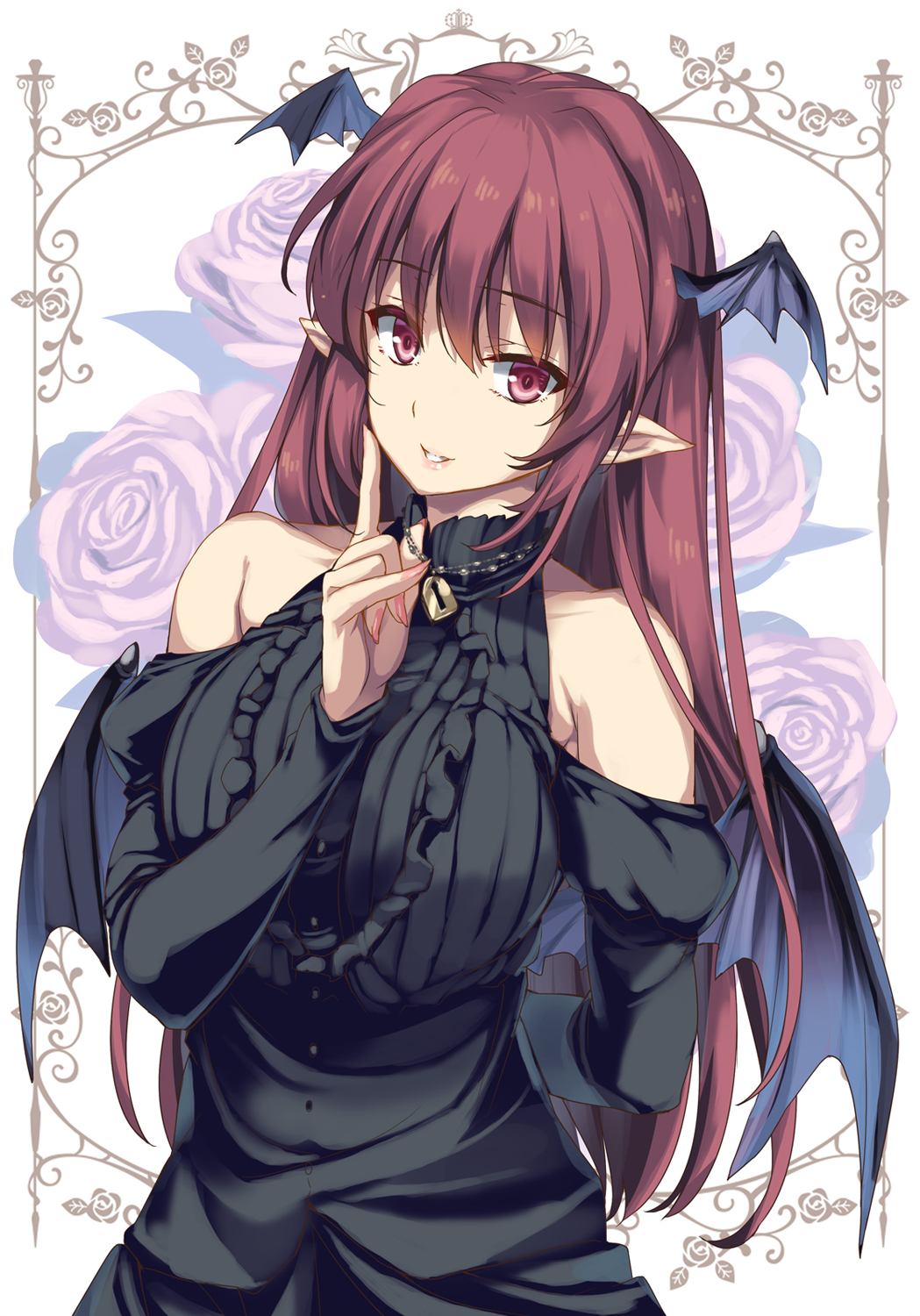 alternate_costume arm_behind_back bare_shoulders black_dress breasts commentary_request dress finger_to_cheek fingernails flower halter_top halterneck head_wings highres jewelry koakuma large_breasts long_fingernails long_hair looking_at_viewer moneti_(daifuku) nail_polish necklace parted_lips pink_eyes pinky_out pointy_ears red_hair smile solo touhou wings