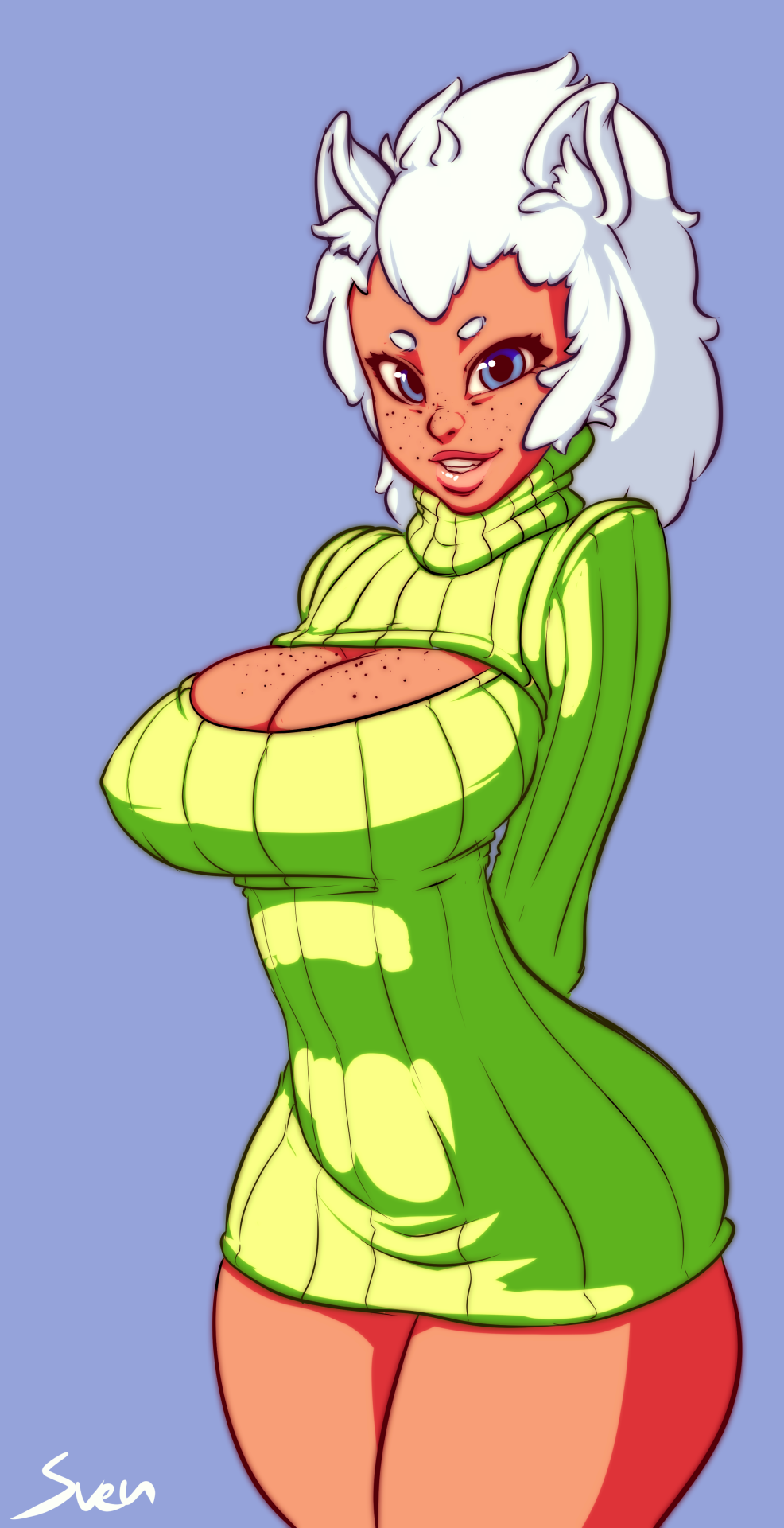 animal_humanoid big_breasts blue_eyes bottomless breasts caprine cleavage clothed clothing female freckles grin hair hands_behind_back humanoid keyhole_turtleneck lips looking_at_viewer mammal sheep shephira short_hair smile solo svenners sweater turtleneck white_hair wide_hips