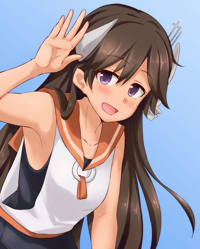 :d anti_(untea9) arm_up armpits bangs bare_shoulders black_swimsuit blue_background blush brown_hair collarbone eyebrows_visible_through_hair hair_between_eyes headgear highlights i-400_(kantai_collection) kantai_collection leaning_forward long_hair looking_at_viewer multicolored_hair open_mouth orange_sailor_collar palms purple_eyes sailor_collar shirt simple_background sleeveless smile solo swimsuit swimsuit_under_clothes tareme upper_body white_shirt