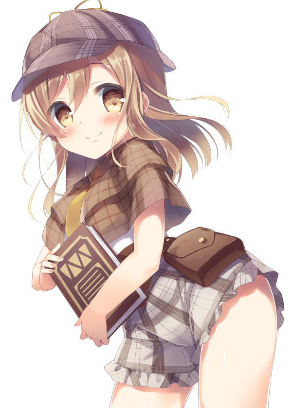 amamine bag bangs blush book brown_capelet brown_eyes brown_hat capelet closed_mouth commentary_request contrapposto cowboy_shot deerstalker detective eyebrows_visible_through_hair fingernails frilled_shorts frills grey_shorts hair_between_eyes hat holding holding_book kunikida_hanamaru light_brown_hair long_hair looking_at_viewer love_live! love_live!_sunshine!! nail_polish necktie pink_nails plaid_hat satchel shirt short_shorts shorts simple_background smile solo standing white_background white_shirt yellow_neckwear