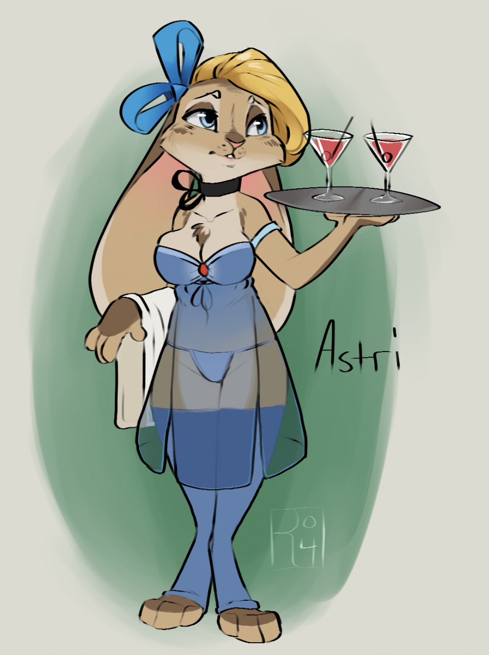 alcohol anthro astri_(reign-2004) beverage blonde_hair blue_eyes bow breasts brown_fur choker cleavage clothed clothing cocktail female fur glass hair lagomorph lingerie mammal panties rabbit reign-2004 sheer_clothing short_stack solo tan_fur toeless_stockings towel translucent transparent_clothing tray underwear waiter