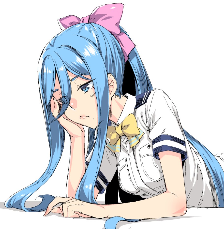 aoki_hagane_no_arpeggio blue_eyes blue_hair bow eyebrows_visible_through_hair h_kasei hair_between_eyes hair_bow long_hair lying military military_uniform mole mole_under_mouth naval_uniform on_stomach pink_bow ponytail simple_background solo takao_(aoki_hagane_no_arpeggio) uniform upper_body very_long_hair white_background yellow_neckwear