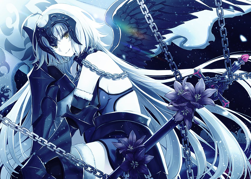 bare_shoulders black_wings brown_eyes elbow_gloves fate/grand_order fate_(series) flower gauntlets gloves headpiece jeanne_d'arc_(alter)_(fate) jeanne_d'arc_(fate)_(all) long_hair smile solo thighhighs white_hair wings yashiro_seika