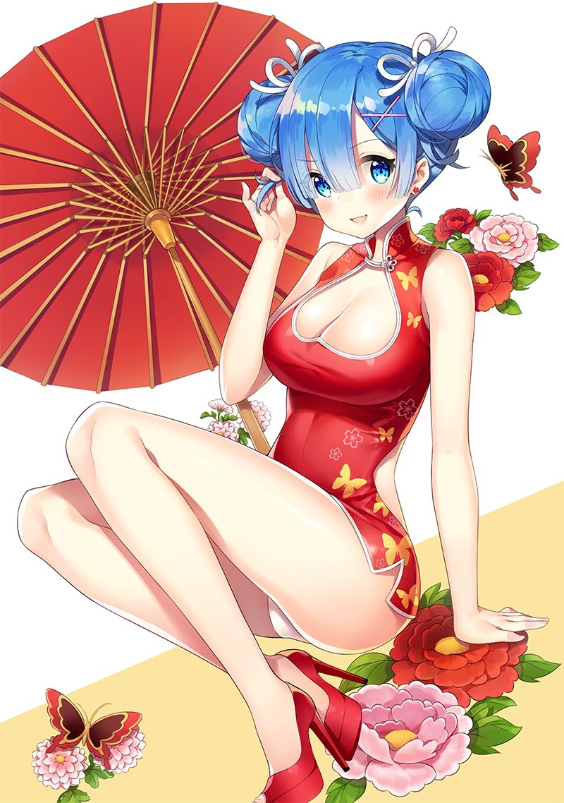 :d adjusting_hair alternate_costume alternate_hairstyle animal_print arm_at_side ayamy backless_dress backless_outfit blue_eyes blue_hair blush breasts bug butterfly butterfly_print camellia china_dress chinese_clothes cleavage cleavage_cutout commentary_request double_bun dress earrings flower flower_earrings full_body hair_between_eyes hand_in_hair hand_up high_heels insect invisible_chair jewelry large_breasts looking_at_viewer medium_breasts no_legwear open_mouth oriental_umbrella panties pantyshot pantyshot_(sitting) re:zero_kara_hajimeru_isekai_seikatsu red_dress red_flower red_footwear rem_(re:zero) short_dress short_hair sitting smile solo thighs two-tone_background umbrella underwear v-shaped_eyebrows