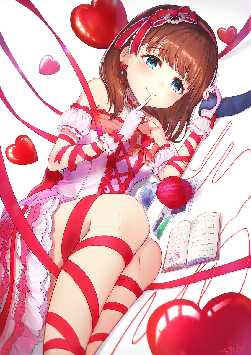 arm_cuffs arm_ribbon bangs bare_shoulders blue_eyes blue_neckwear blush bodice bow breasts brown_hair choker closed_mouth collarbone cross-laced_clothes diary dress earrings eyebrows_visible_through_hair finger_to_mouth frilled_bow frilled_choker frills gloves hair_bow hairband heart heart_balloon highres idolmaster idolmaster_cinderella_girls idolmaster_cinderella_girls_starlight_stage jewelry knees lace lace-trimmed_dress leg_ribbon lying medium_breasts medium_hair necktie omelet_tomato on_side pearl photo_(object) pink_dress pinky_out producer_(idolmaster) red_bow red_choker red_string ribbon ribbon-trimmed_gloves ribbon_trim sakuma_mayu smile solo string white_background white_gloves yarn yarn_ball