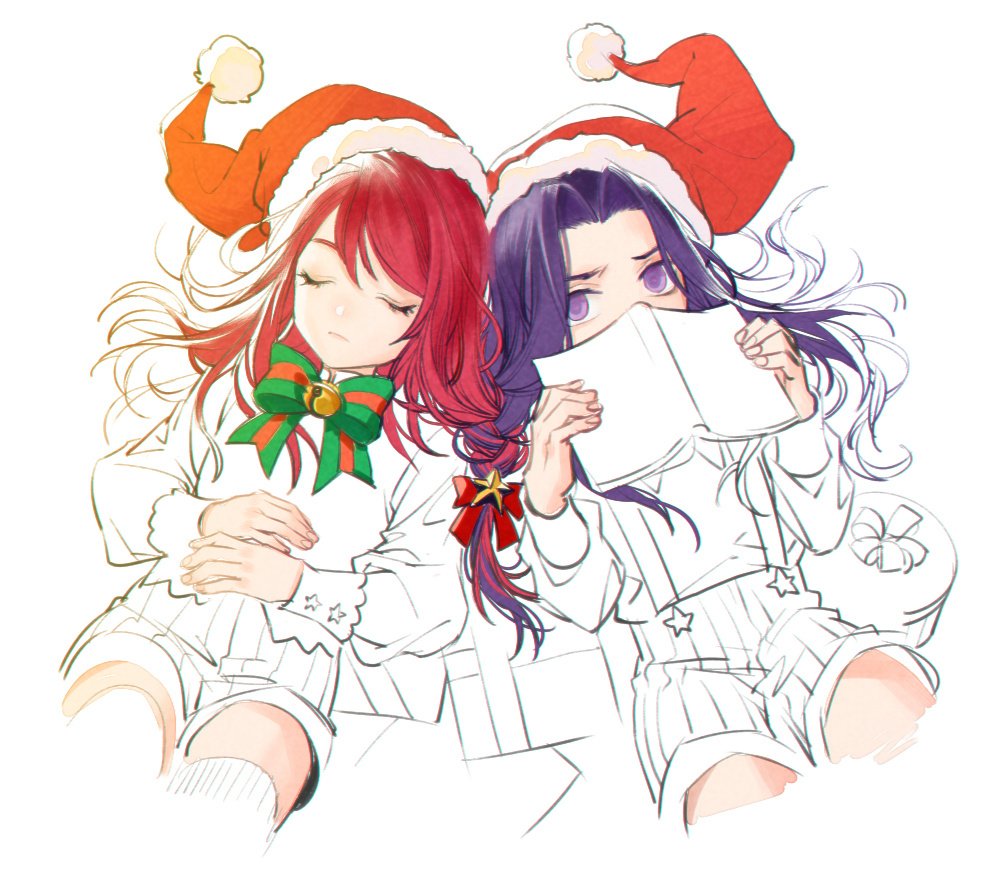 berserker_(fate/zero) book bow child chongning closed_eyes covered_mouth fate/grand_order fate/zero fate_(series) hat lancelot_(fate/zero) long_hair looking_at_viewer male_focus multiple_boys partially_colored purple_eyes purple_hair red_hair santa_costume santa_hat santa_lily shorts suspender_shorts suspenders tristan_(fate/grand_order) younger
