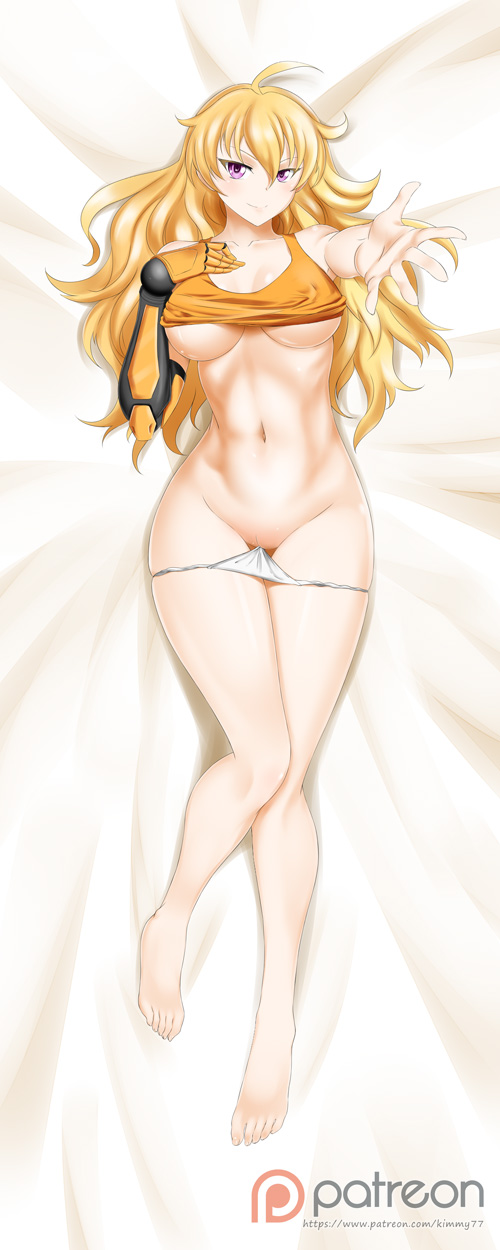 abs ahoge alfred_cullado bike_shorts blonde_hair blush bow breasts cleavage dakimakura groin hair_between_eyes highres large_bow large_breasts long_hair lying mechanical_arm multiple_views navel no_pants on_back outstretched_arm panties panty_pull patreon_logo purple_eyes pussy rwby smile thigh_gap uncensored underwear watermark web_address white_panties yang_xiao_long